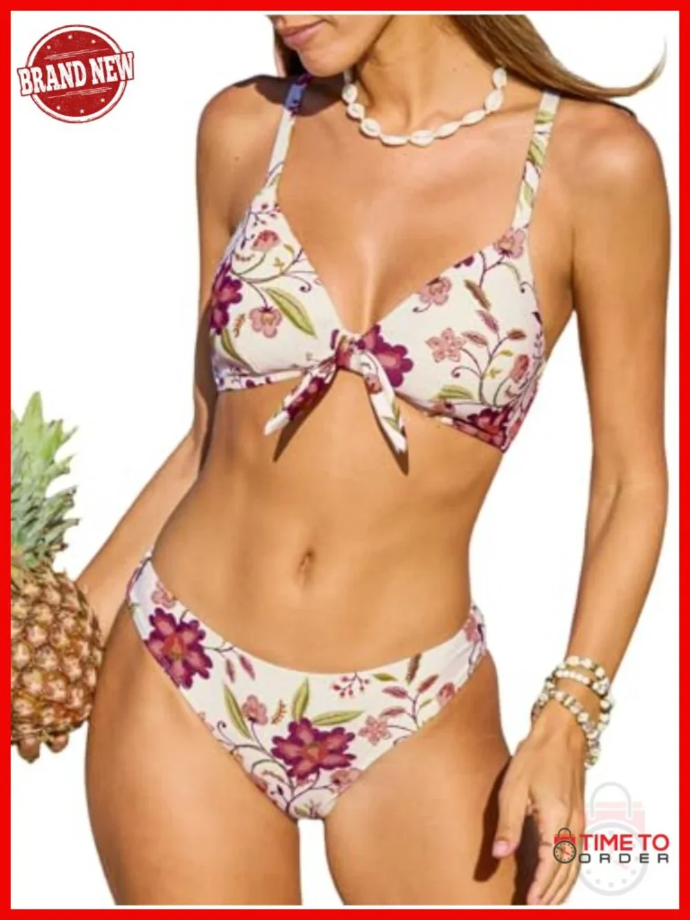 Two Piece Bikini Set Floral Print Knot Tie Adjustable Straps Removable Pads